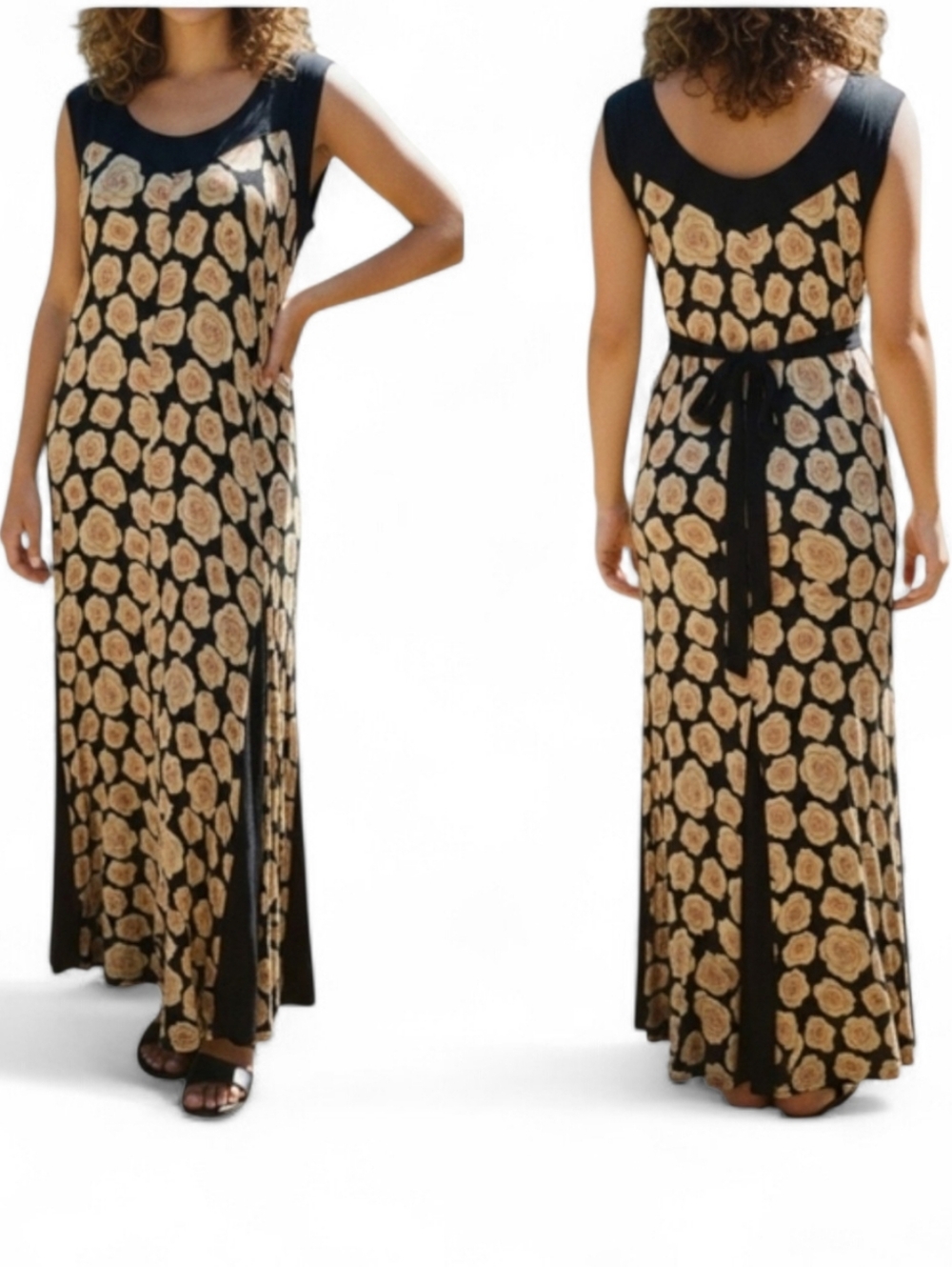 ​Vtg 90s Starina Black Floral Rayon Maxi Dress M